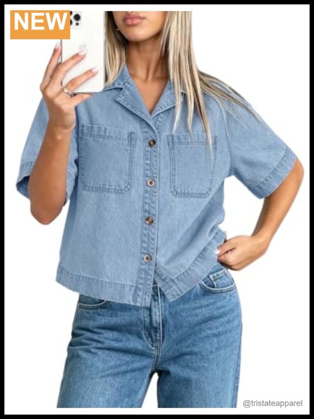 Women's Cropped Denim Button Down Shirt Short Sleeve Jean Top
